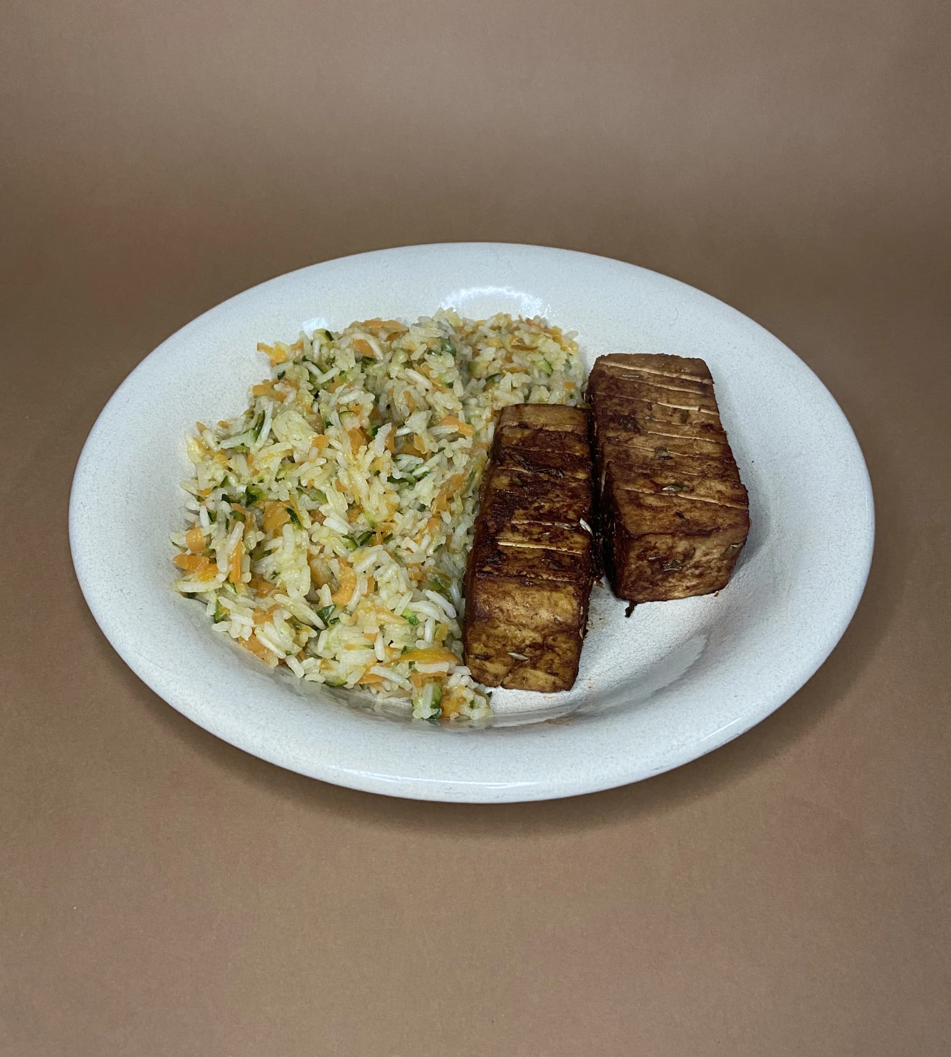 Carrot Rice with Accordion Tofu