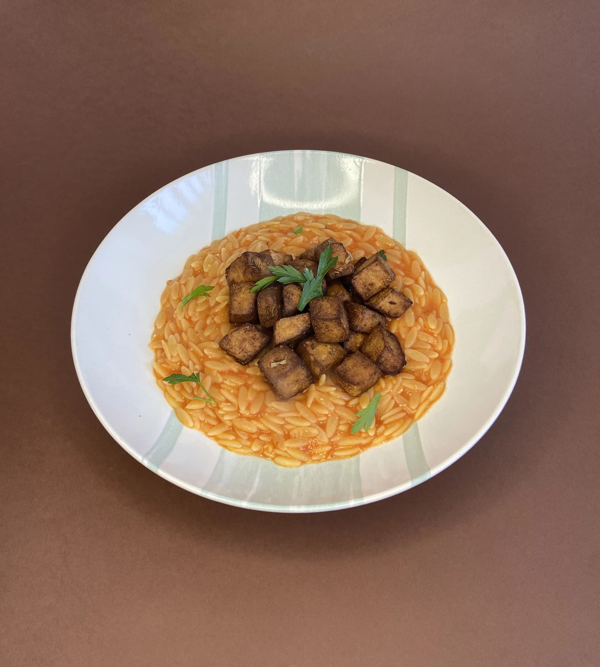 Pumpkin Seed Pasta in Tomato Sauce with Crispy Tofu