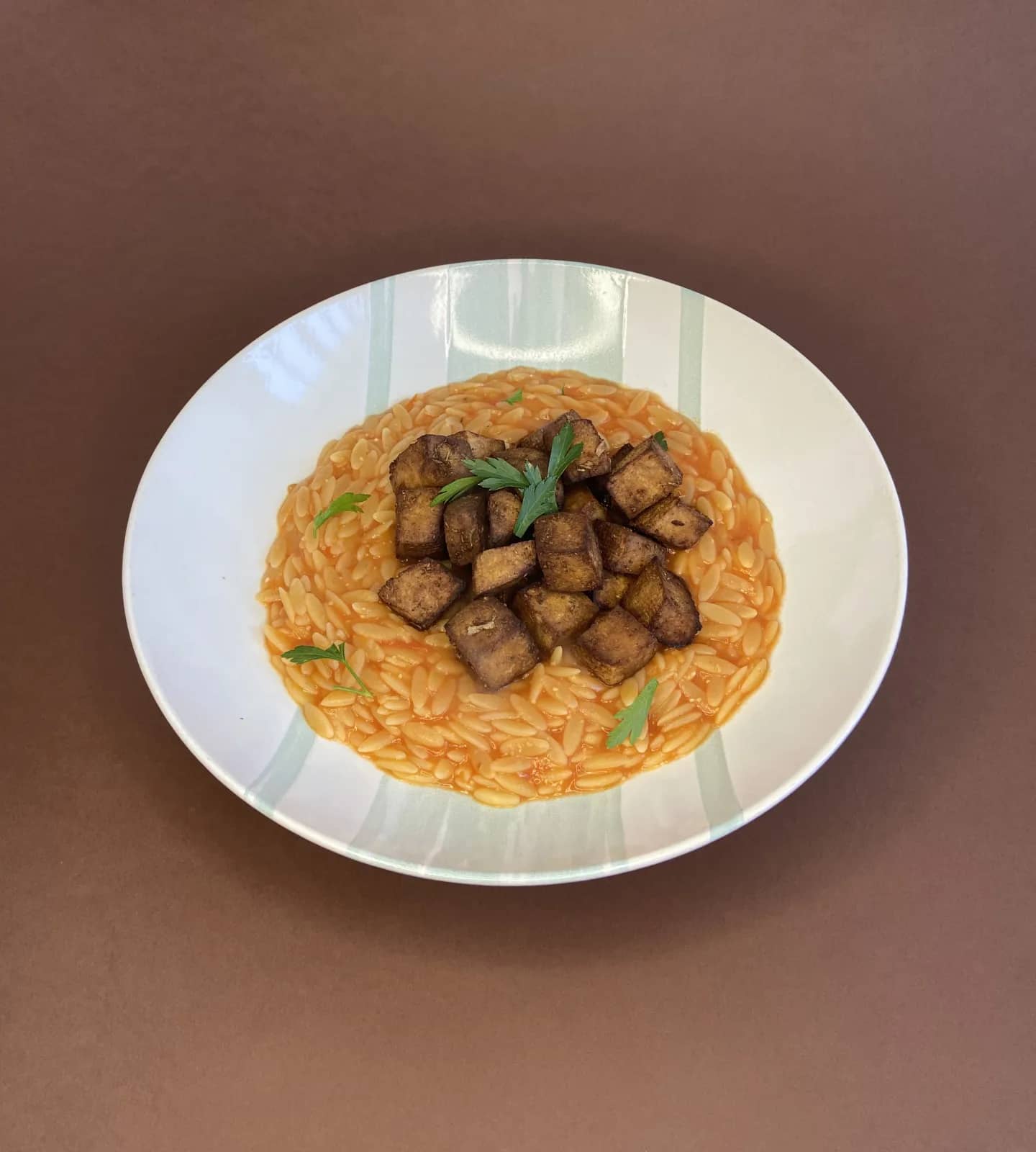 Orzo in Tomato Sauce with Crispy Tofu